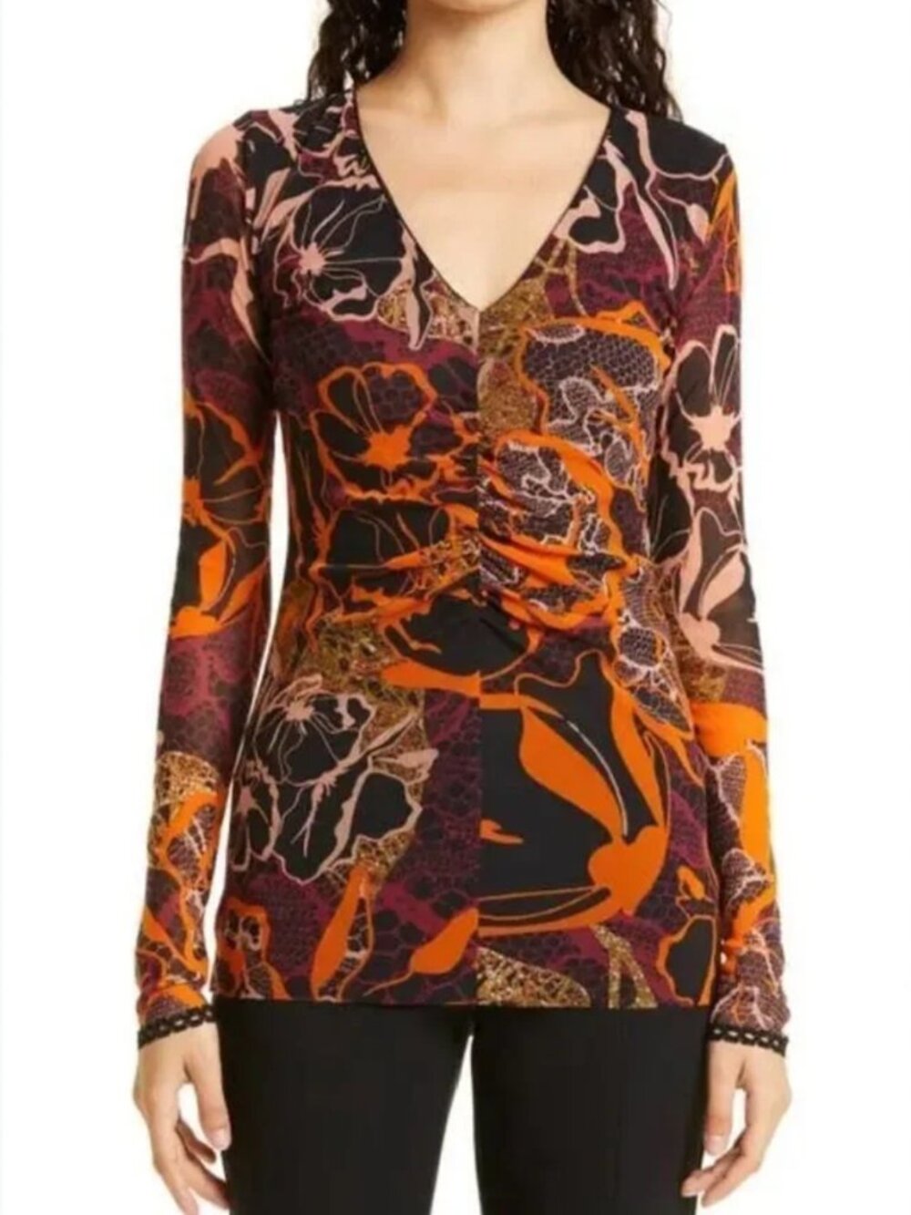Fuzzi Mesh Long Sleeve V-Neck Top - Size XS